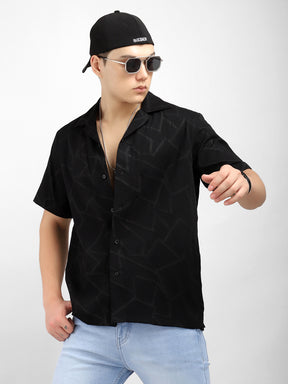 Quiltrend Black Self Design Half Sleeve Shirt