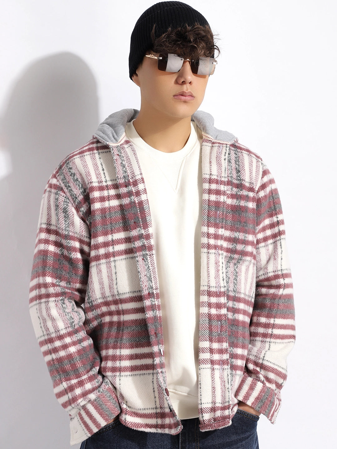 Pure Wool Hoodie Wine Check Shacket