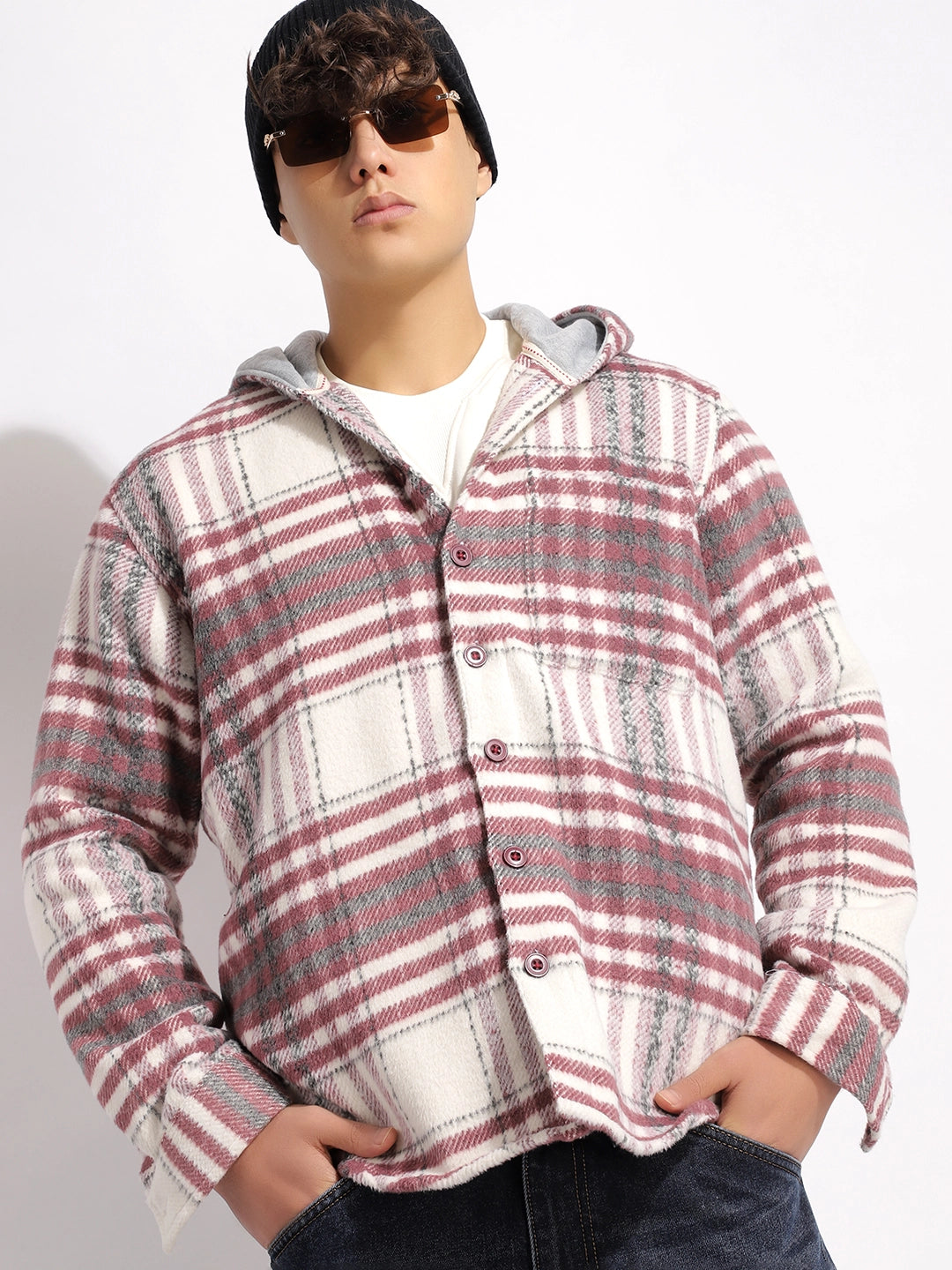 Pure Wool Hoodie Wine Check Shacket