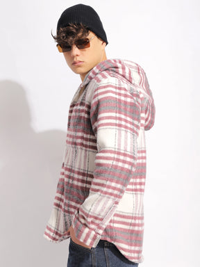 Pure Wool Hoodie Wine Check Shacket