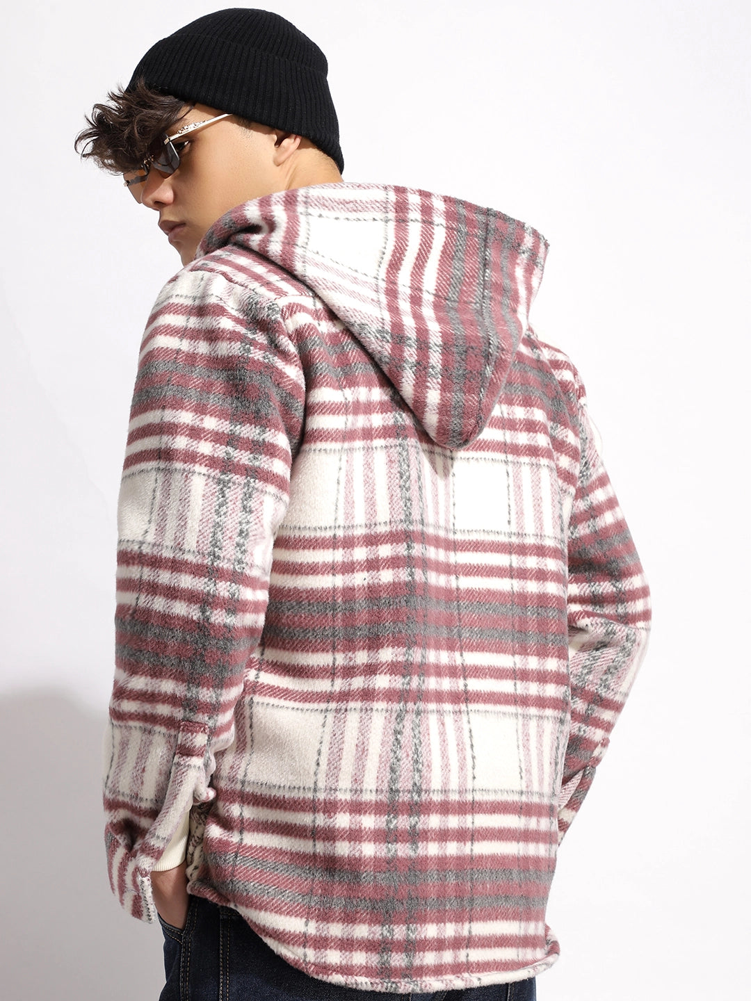 Pure Wool Hoodie Wine Check Shacket