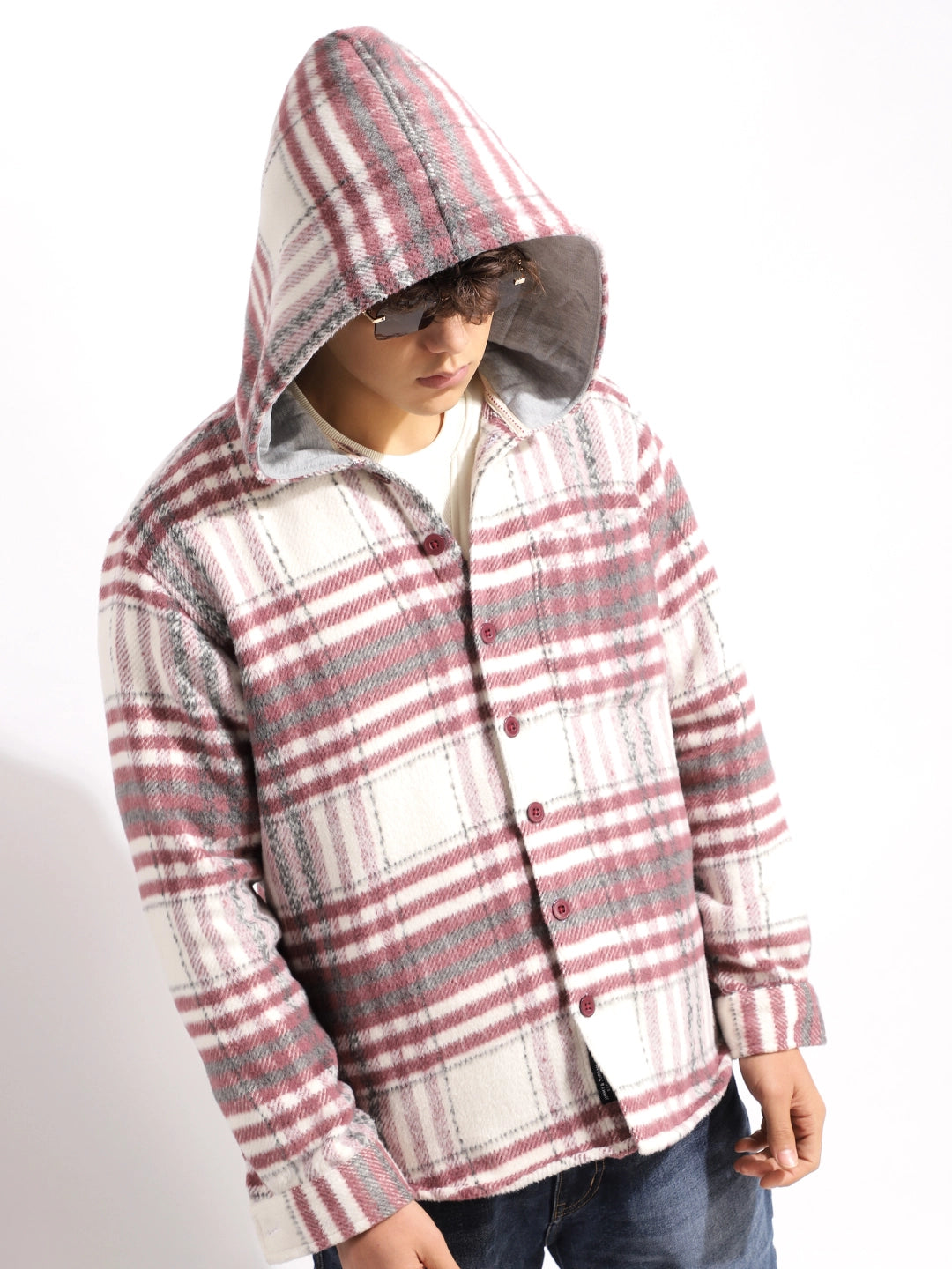 Pure Wool Hoodie Wine Check Shacket