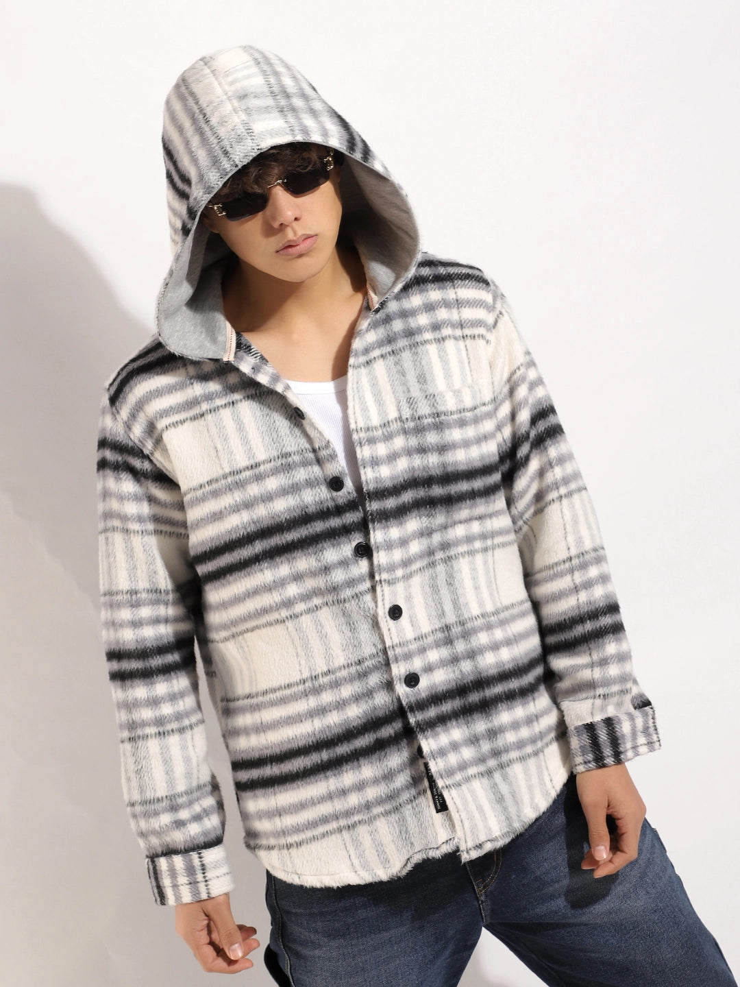 Pure Wool Hoodie Black Grey Check Shacket