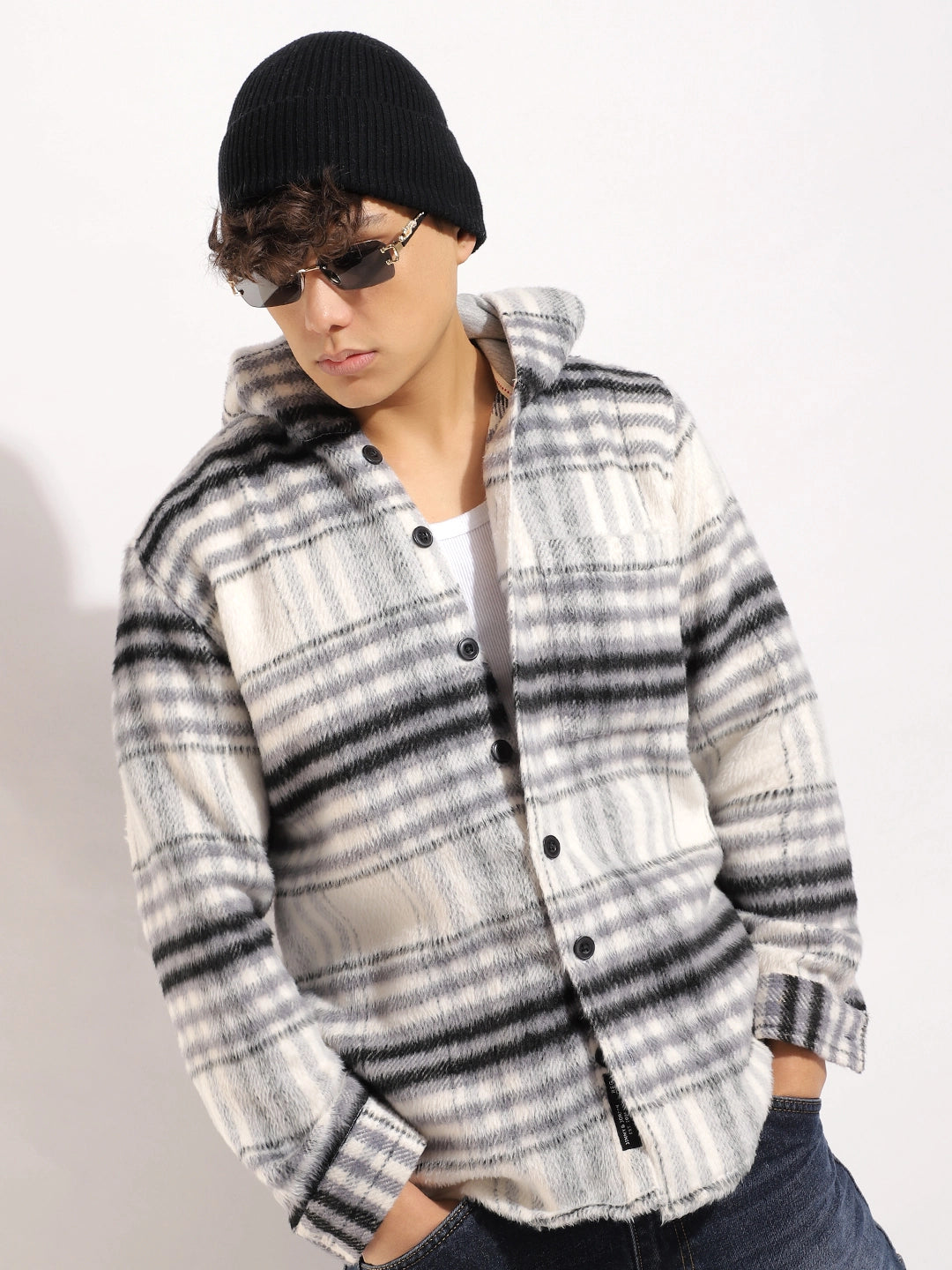 Pure Wool Hoodie Black Grey Check Shacket