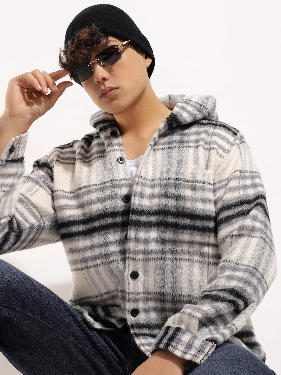 Pure Wool Hoodie Black Grey Check Shacket