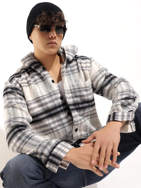 Pure Wool Hoodie Black Grey Check Shacket