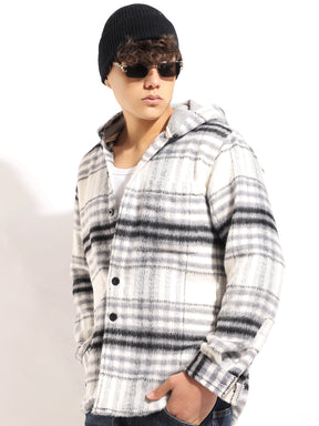 Pure Wool Hoodie Black Grey Check Shacket