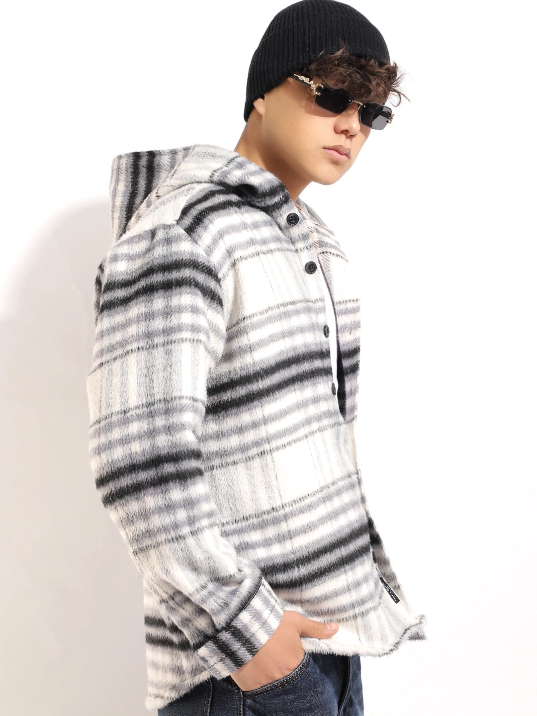 Pure Wool Hoodie Black Grey Check Shacket