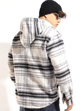 Pure Wool Hoodie Black Grey Check Shacket