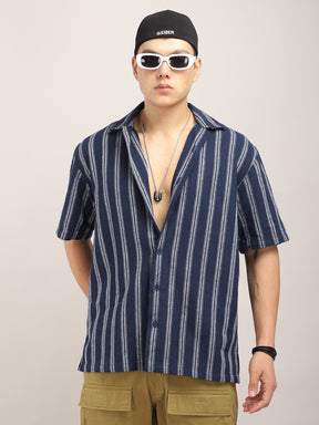 Blue Jute Knitted Stripe Half Sleeve Shirt