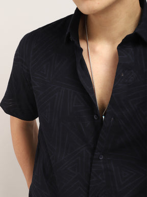 Slumberquilt Black Self-Design Half Sleeve Shirt