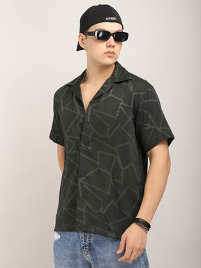 Quiltrend Olive Self Design Half Sleeve Shirt