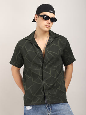 Quiltrend Olive Self Design Half Sleeve Shirt