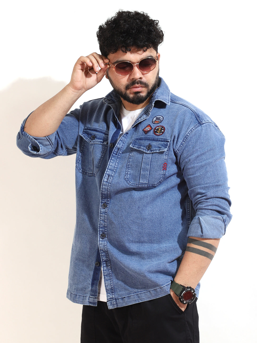 MUFTI Plain Blue Double Pocket Denim Slim Fit Shirt (Blue, Size: 5XL) in  Sagar at best price by Arropa Factory Buy - Justdial