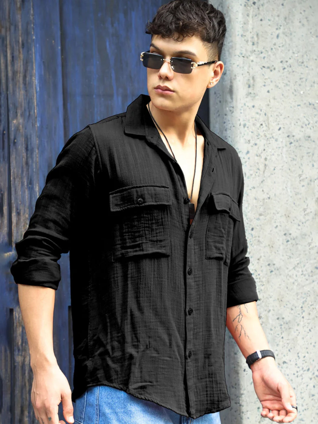 Vero  Vibe  Lucas  Double  Clothe  Black  Shirt