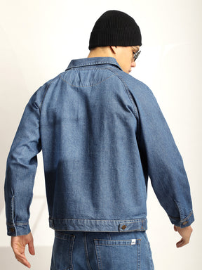 Oxford Essentials Ocean Blue Denim Biker Jacket 4 Pocket