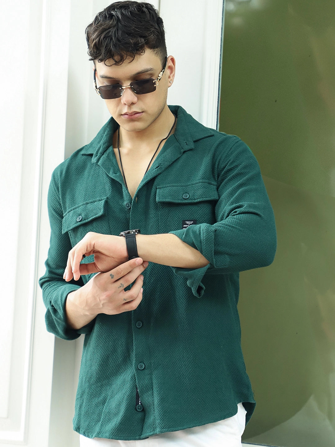 Tuscan Dark Green Texture Full Sleeve Shirt