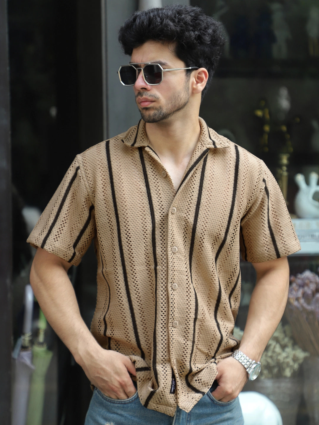 Alba Vein Stripe Peanut Brown Texture Shirt