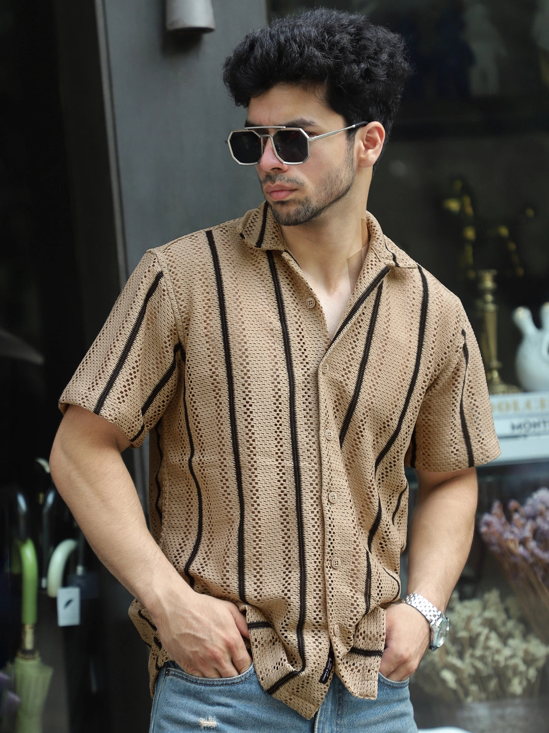 Alba Vein Stripe Peanut Brown Texture Shirt