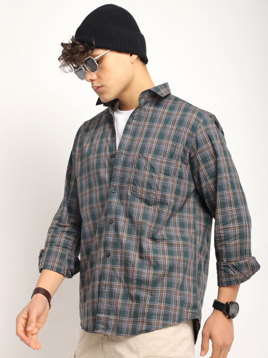 Onyx Fit Coffee Green Twill Check Full Sleeve Shirt