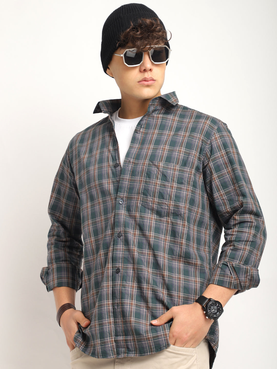 Onyx Fit Coffee Green Twill Check Full Sleeve Shirt