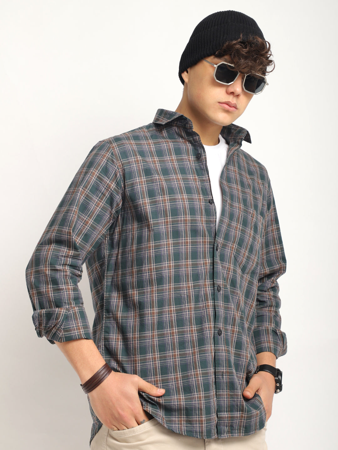 Onyx Fit Coffee Green Twill Check Full Sleeve Shirt