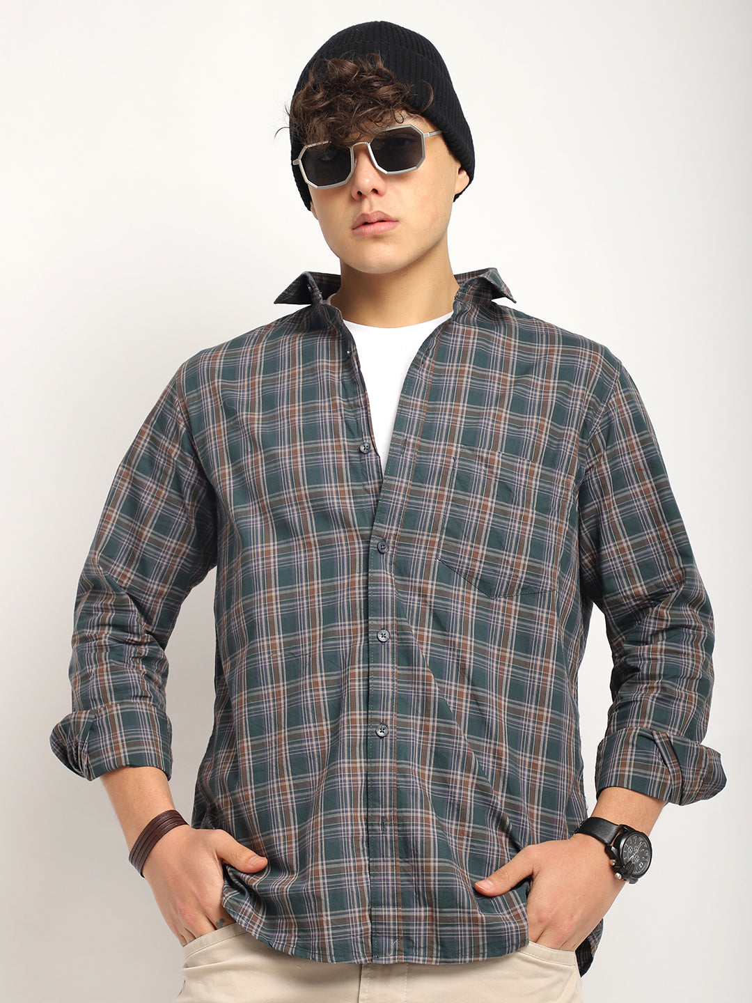 Onyx Fit Coffee Green Twill Check Full Sleeve Shirt