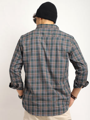 Onyx Fit Coffee Green Twill Check Full Sleeve Shirt