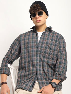 Onyx Fit Coffee Green Twill Check Full Sleeve Shirt