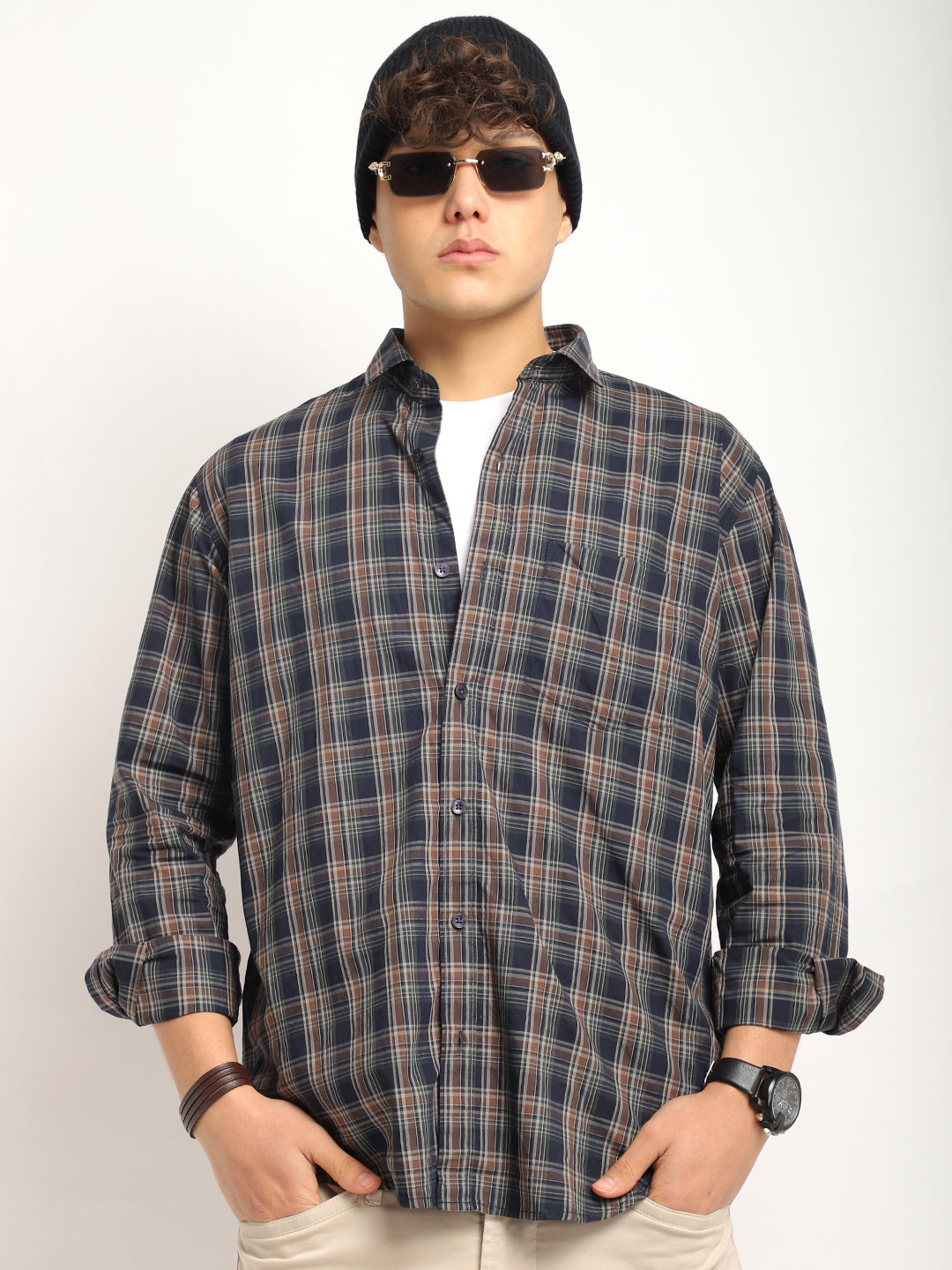 Onyx Fit Coffee Blue Twill Check Full Sleeve Shirt