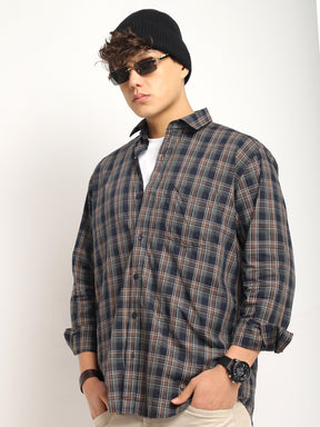 Onyx Fit Coffee Blue Twill Check Full Sleeve Shirt