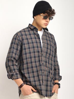 Onyx Fit Coffee Blue Twill Check Full Sleeve Shirt