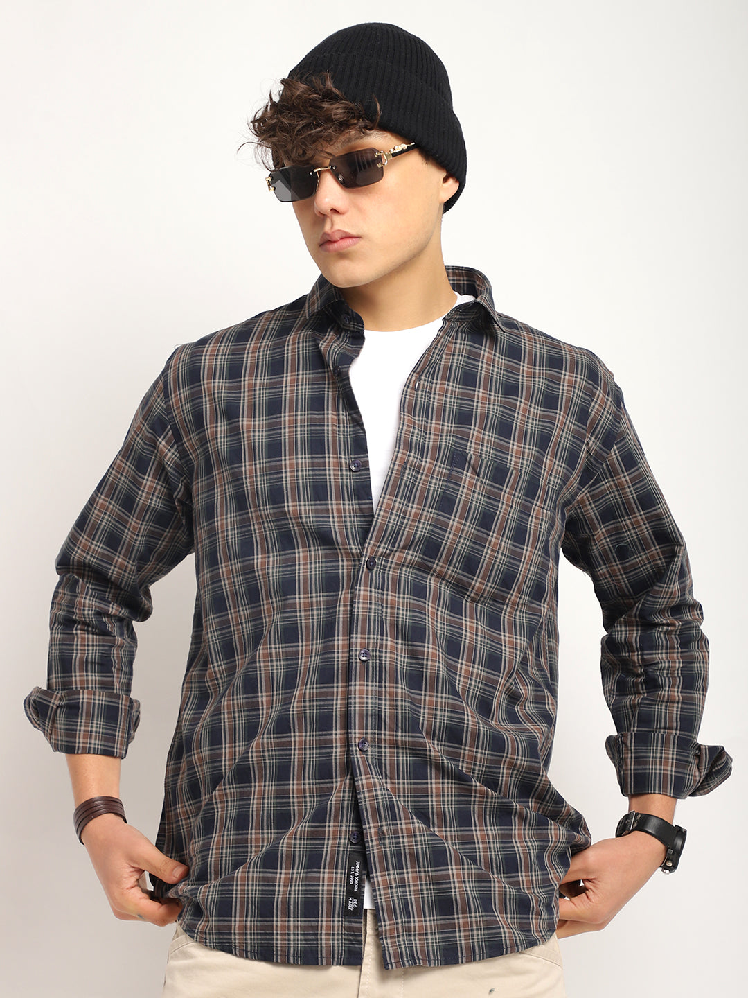 Onyx Fit Coffee Blue Twill Check Full Sleeve Shirt