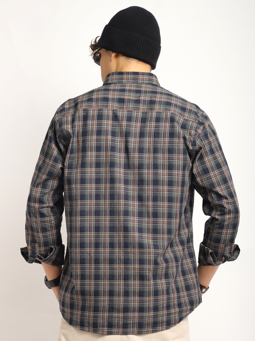 Onyx Fit Coffee Blue Twill Check Full Sleeve Shirt