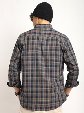 Onyx Fit Coffee Blue Twill Check Full Sleeve Shirt