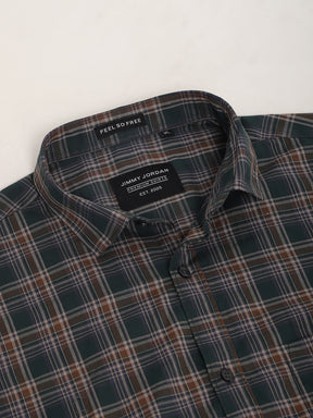 Onyx Fit Coffee Green Twill Check Full Sleeve Shirt