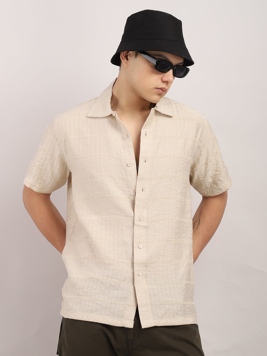 Shirtolo Beige Plain Half Sleeve Shirt