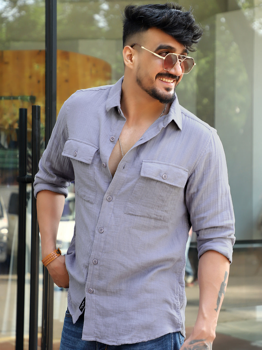 Vero Vibe Lucas Double Clothe Stone Blue Shirt