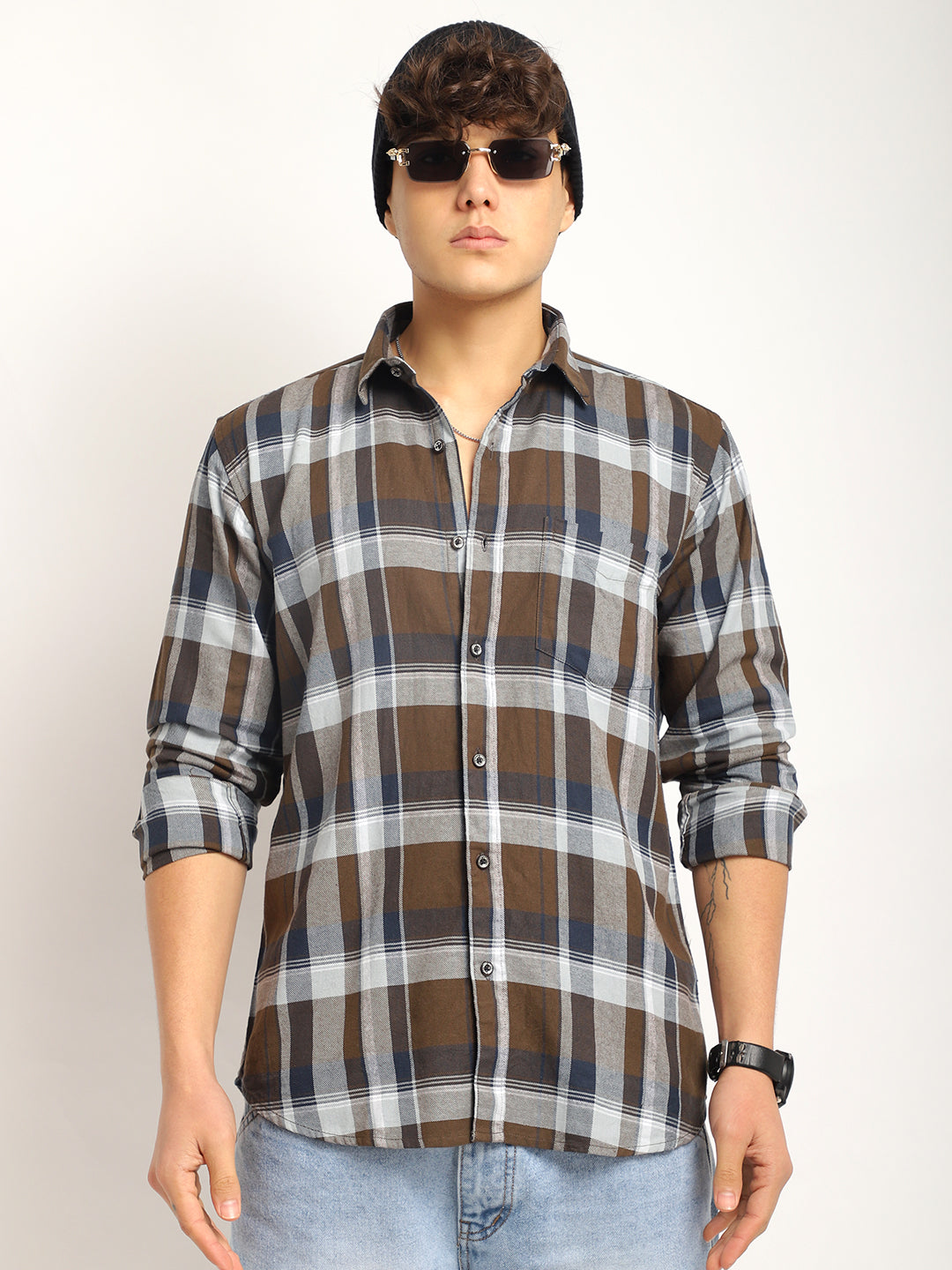 Indigo Twill Check Brown & Grey Full Sleeve Shirt