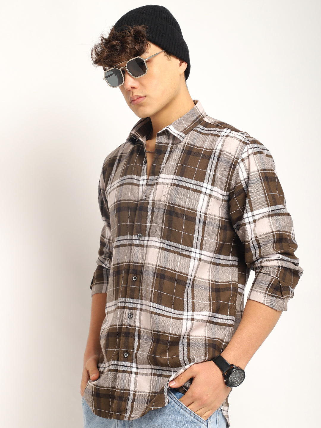 Indigo Twill Check Mehndi Full Sleeve Shirt