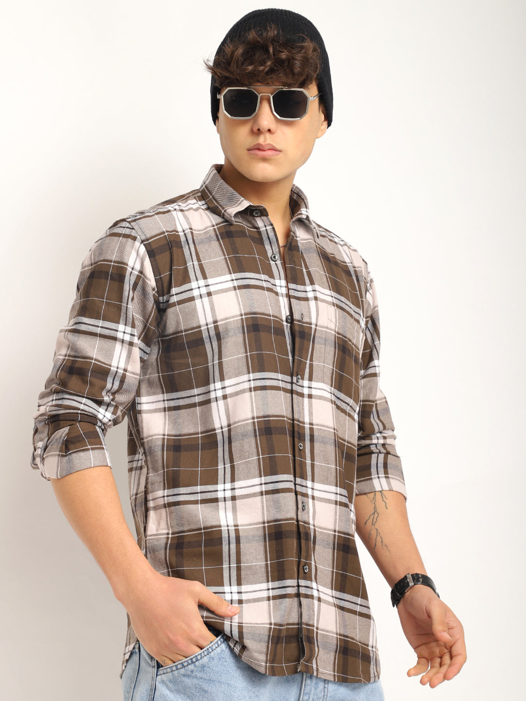 Indigo Twill Check Mehndi Full Sleeve Shirt