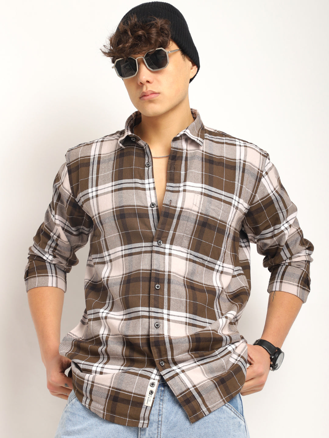 Indigo Twill Check Mehndi Full Sleeve Shirt