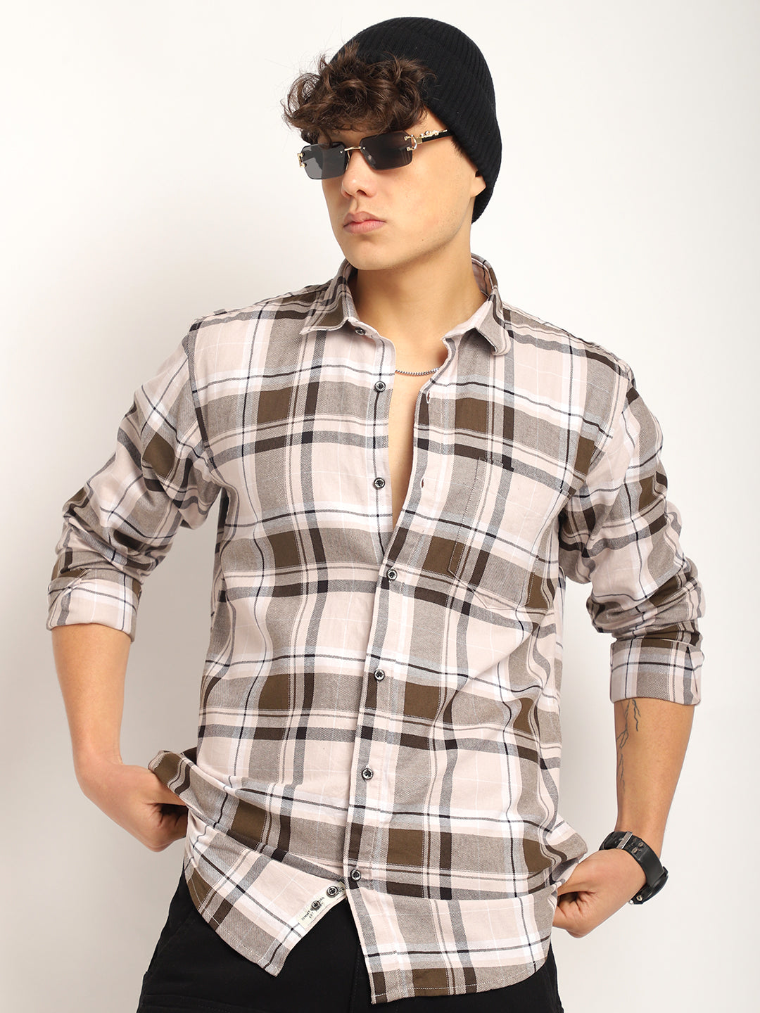 Indigo Twill Check Beige & Mehndi Full Sleeve Shirt