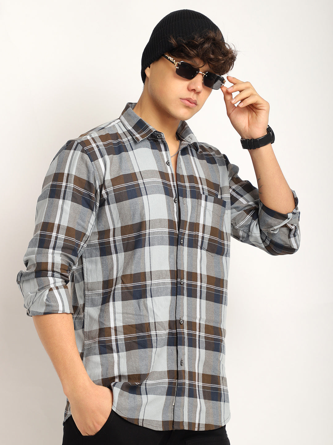 Indigo Twill Check Sky & Grey Full Sleeve Shirt