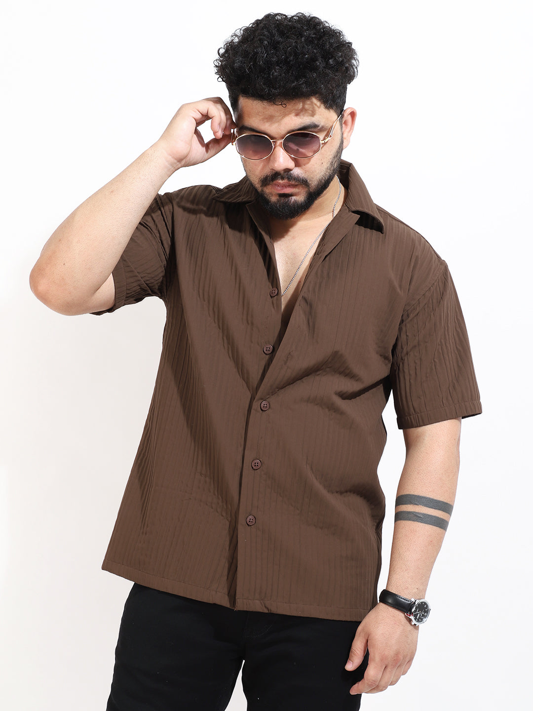 Serene Knit Elegance Brown Half Sleeve Shirt