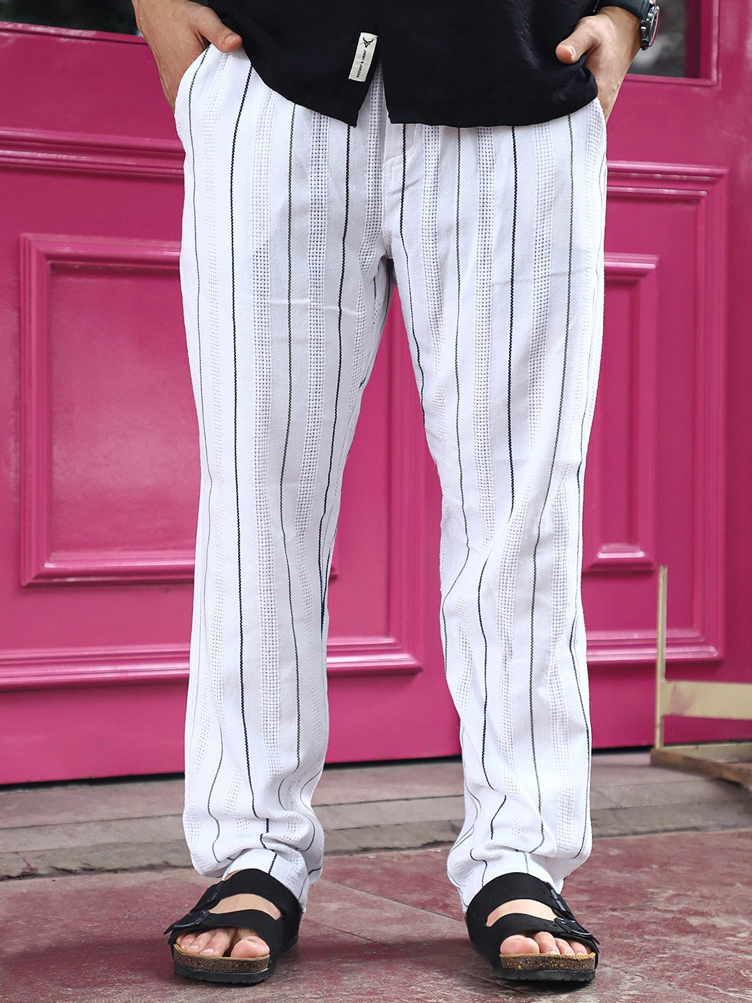 Kyzen   White  Stripe  Baggy  Fit Trouser