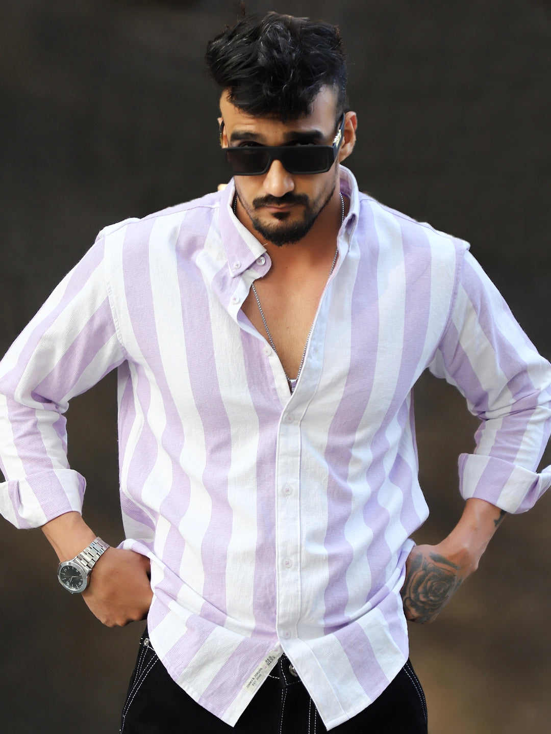 Oaken Espresso Lavender Stripe Linen Shirt