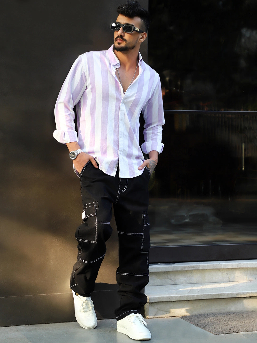 Oaken Espresso Lavender Stripe Linen Shirt