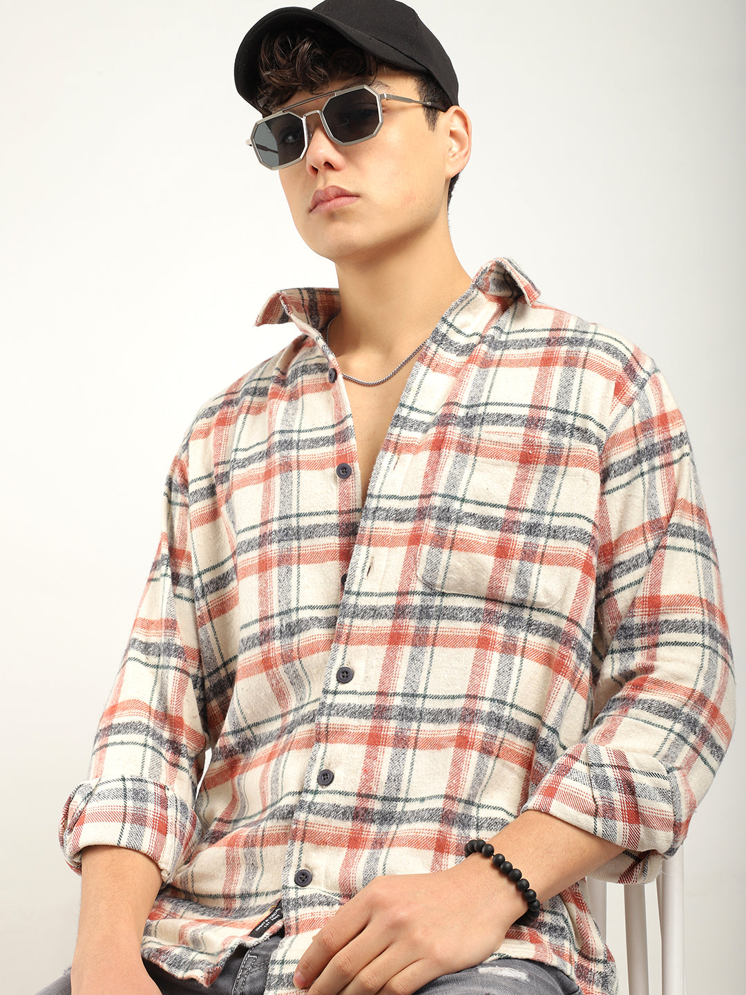 Urban Twill Off White & Rose Brown Flannel Check Shirt