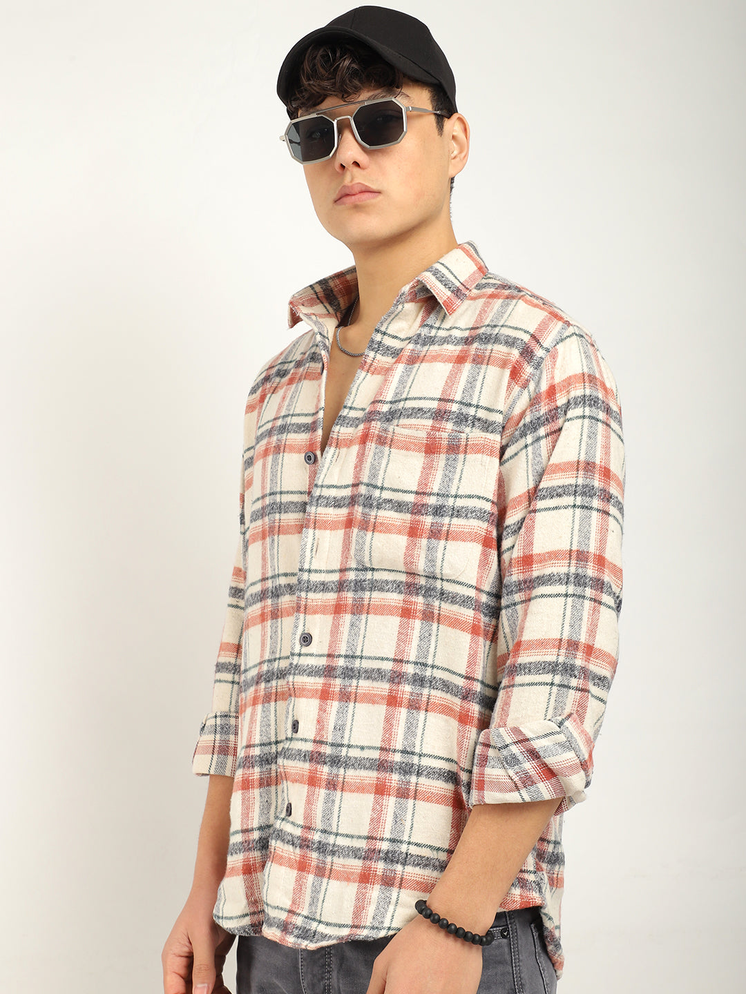 Urban Twill Off White & Rose Brown Flannel Check Shirt